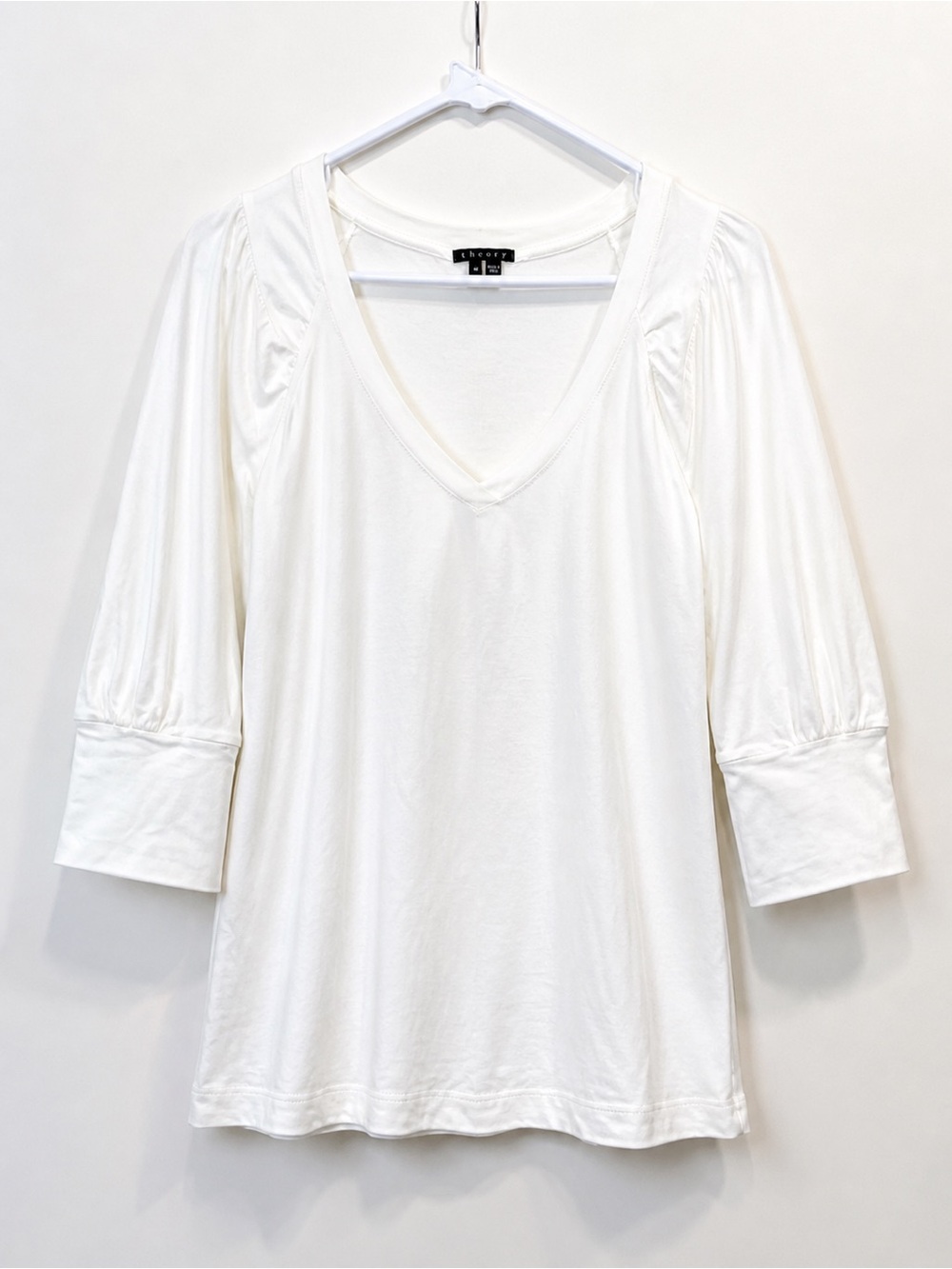 Theory White V-Neck Puff Sleeve Top M Cotton Stretch 3/4 Sleeve Minimal Chic